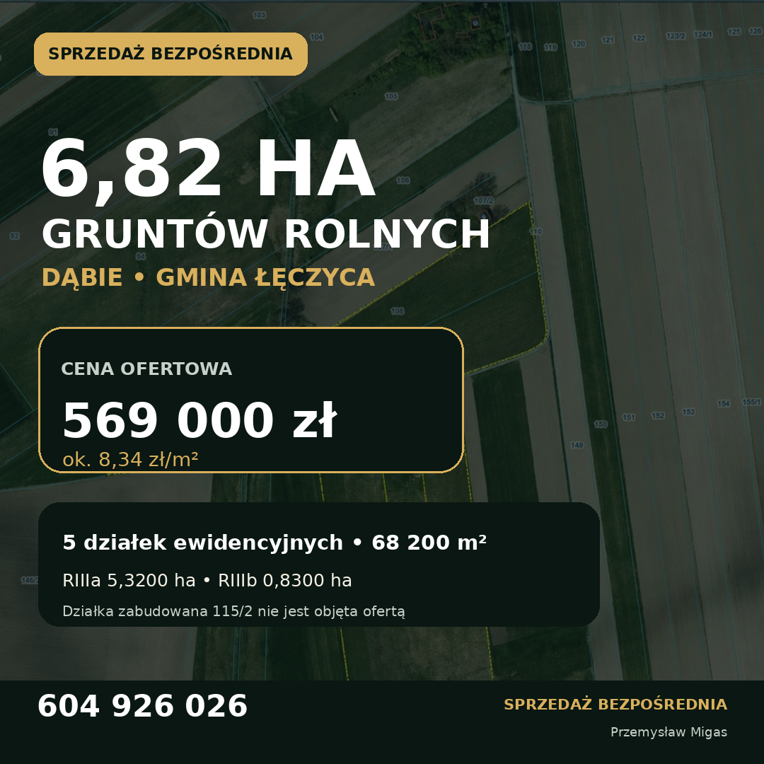 Grunty rolne 6,82 ha – Dąbie, gm. Łęczyca